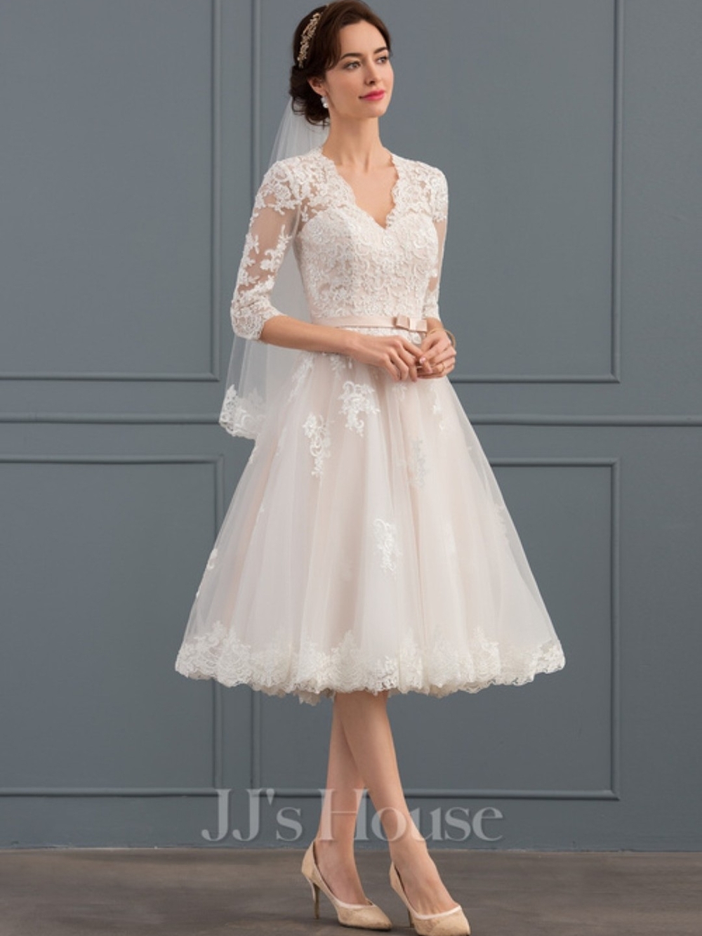 JJs House Blush Ivory Lace Tea-Length Wedding Dress with Three-Quarter Sleeves